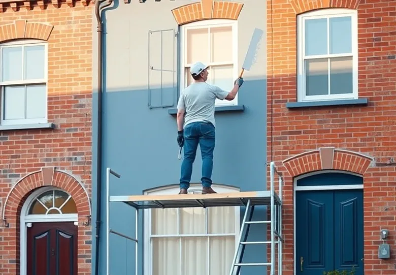 Peintre sur échafaudage traitant la façade d'une maison