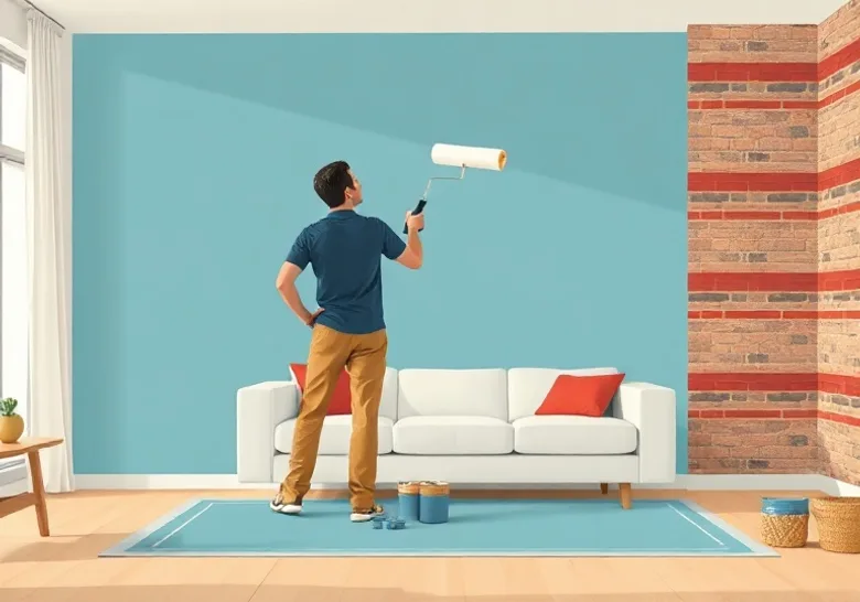 Peintre appliquant la peinture au rouleau sur un mur de salon